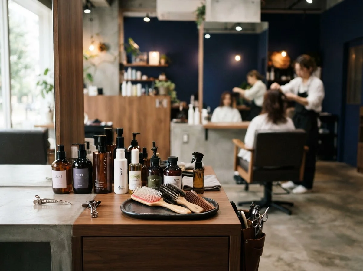 ホームケア用のヘアケア製品とブラシ