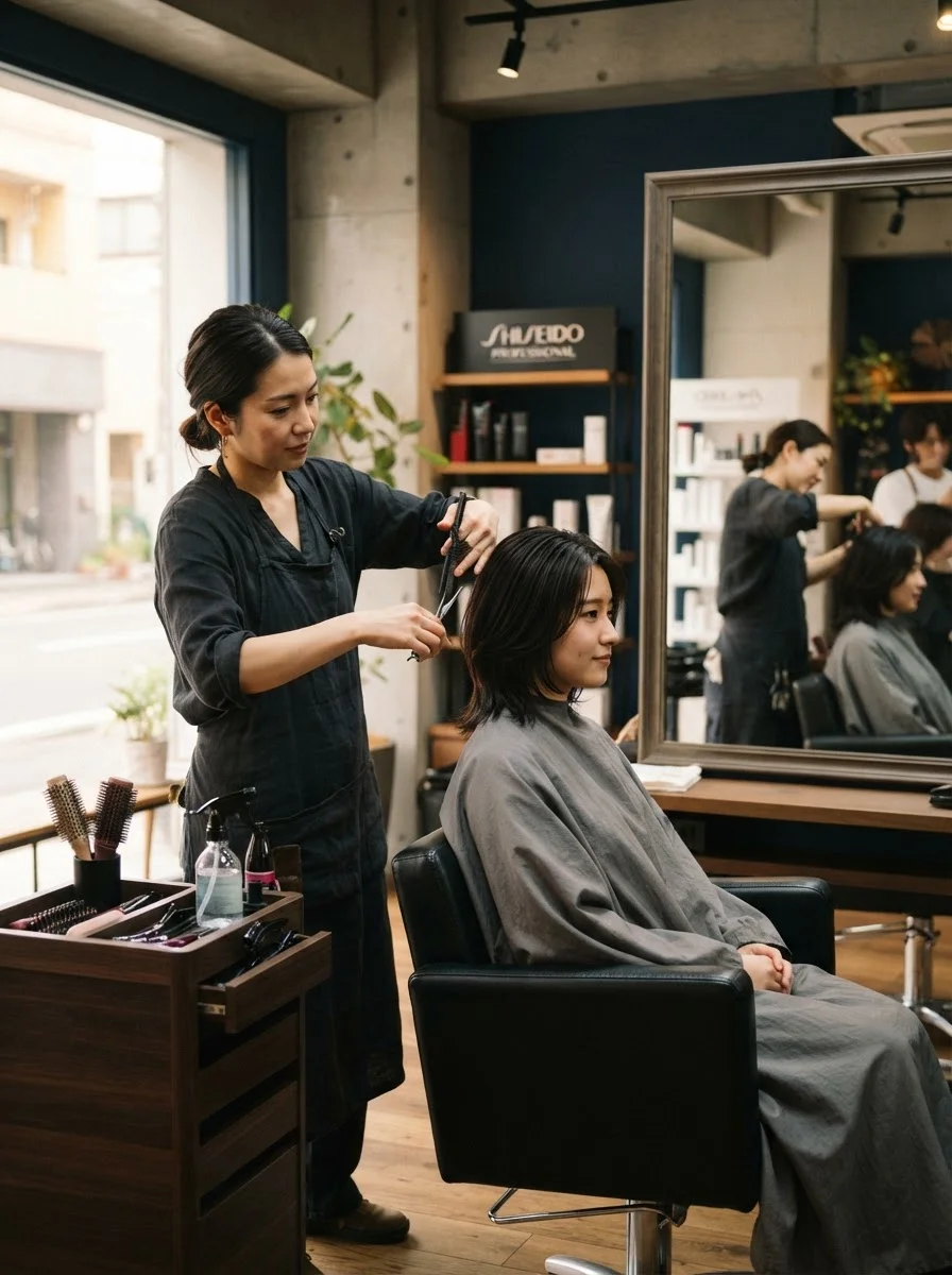 美容室でロングヘアのお客様の髪を確認する髪質改善担当者