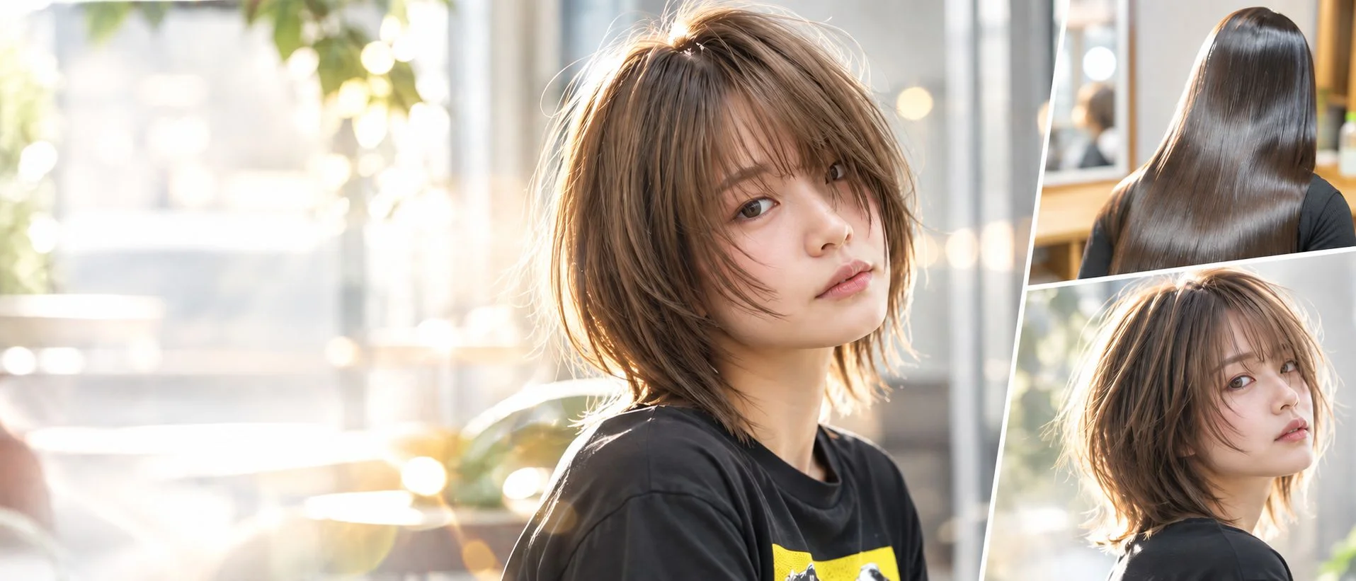 ボブスタイルの女性と艶のあるロングヘアの仕上がりを並べたヘアスタイル写真