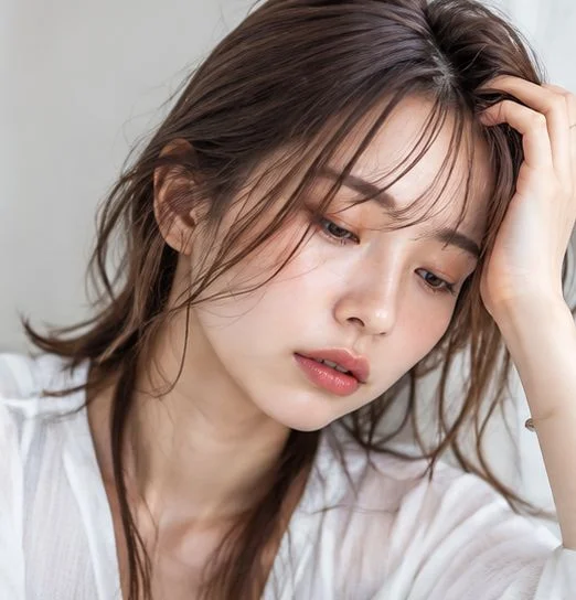 乱れた髪に手を添え、まとまらない髪に悩んでうつむく女性