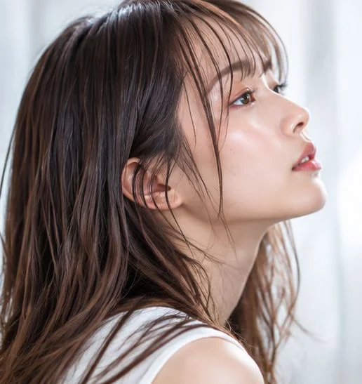 ロングヘアをおろし、横顔で上を見つめる女性
