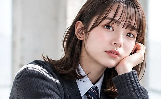 制服姿で頬杖をつき、ミディアムヘアの毛先が自然に広がる女子学生